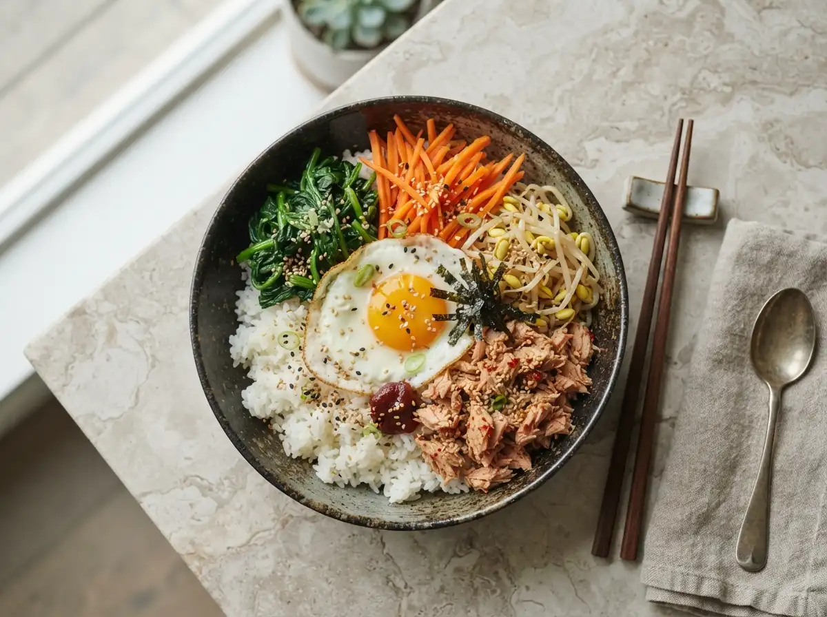 Korean tuna rice bowl with gochujang and fried egg, bibimbap-style