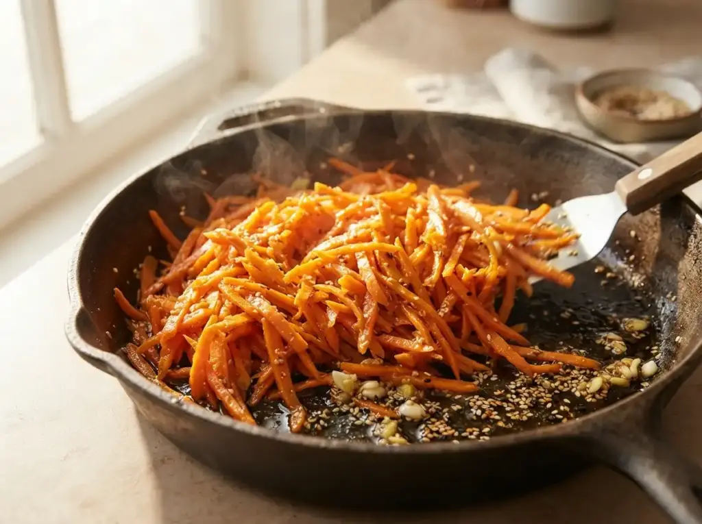 Sautéing vegetables for a Korean tuna rice bowl