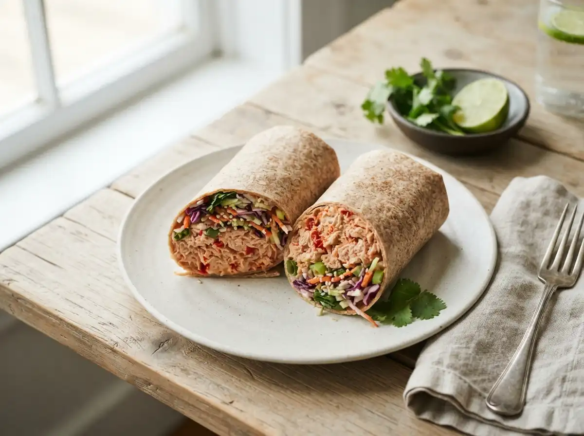Spicy tuna wrap with sriracha and slaw, cross section