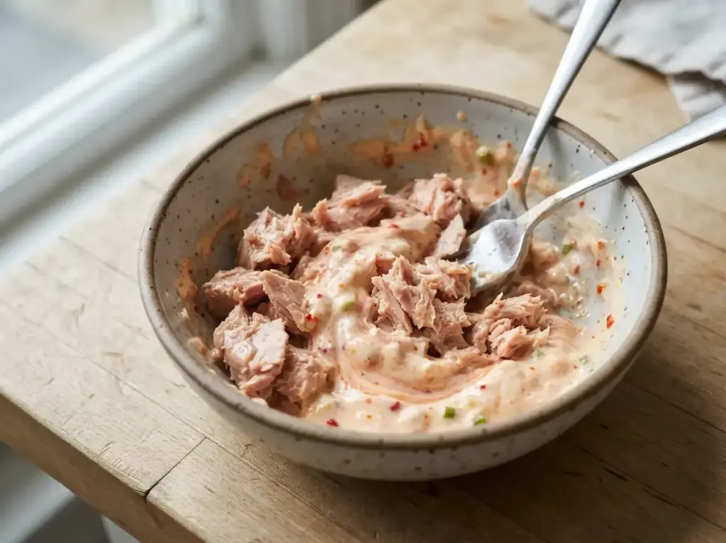 Mixing spicy tuna with yogurt and sriracha
