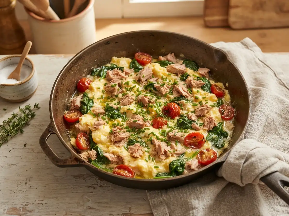 Skillet with scrambled eggs and tuna, spinach and tomatoes