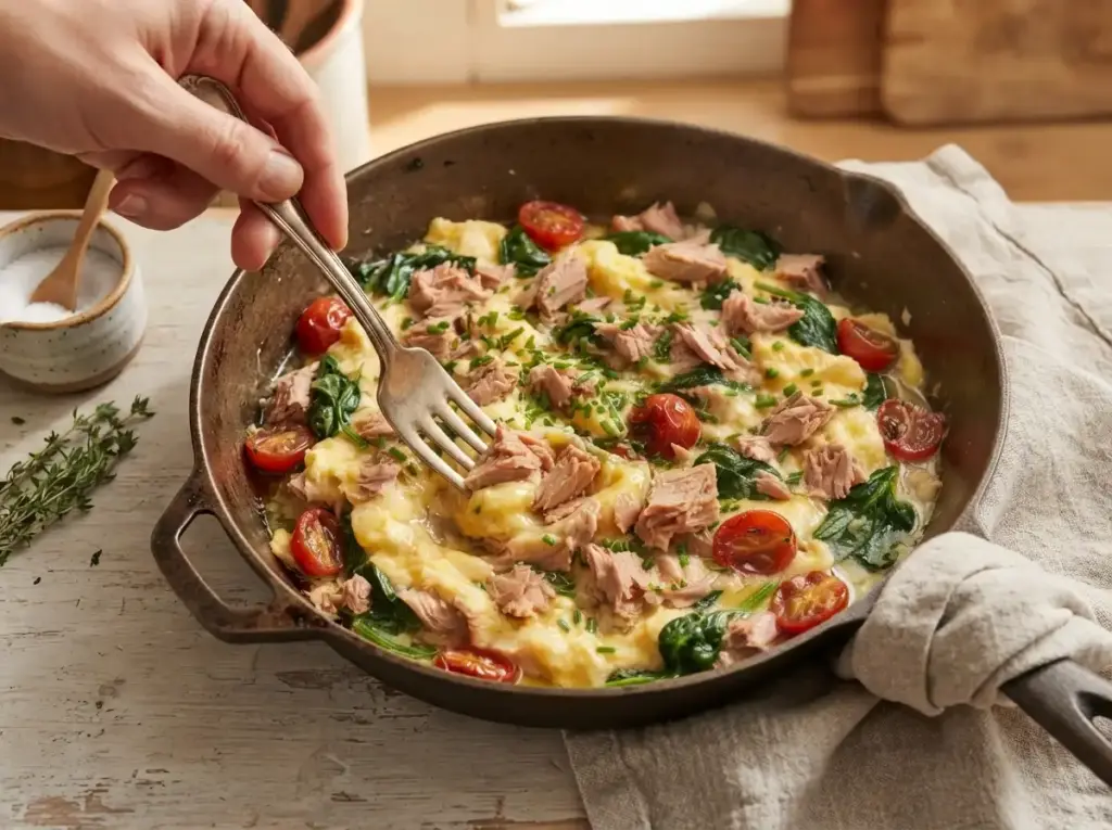 Folding tuna into scrambled eggs in a skillet