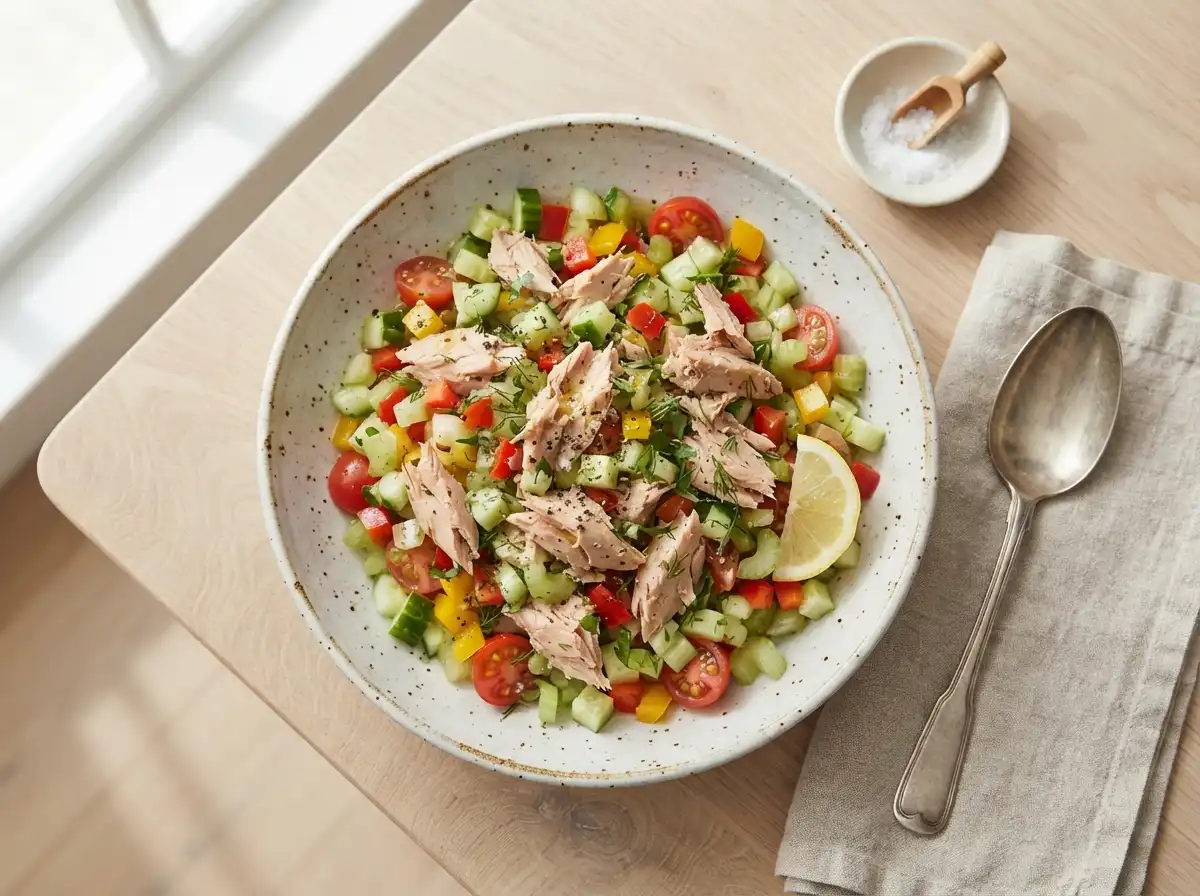 Low calorie tuna salad with vegetables, no mayo or oil