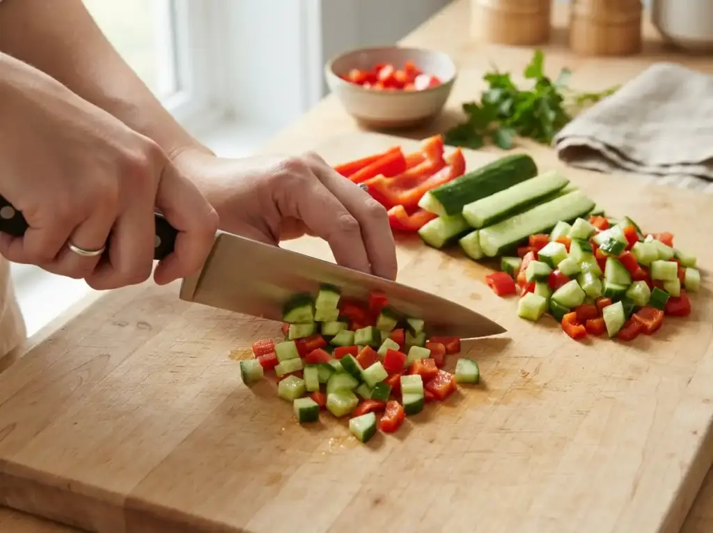Dicing fresh vegetables for a low calorie tuna salad