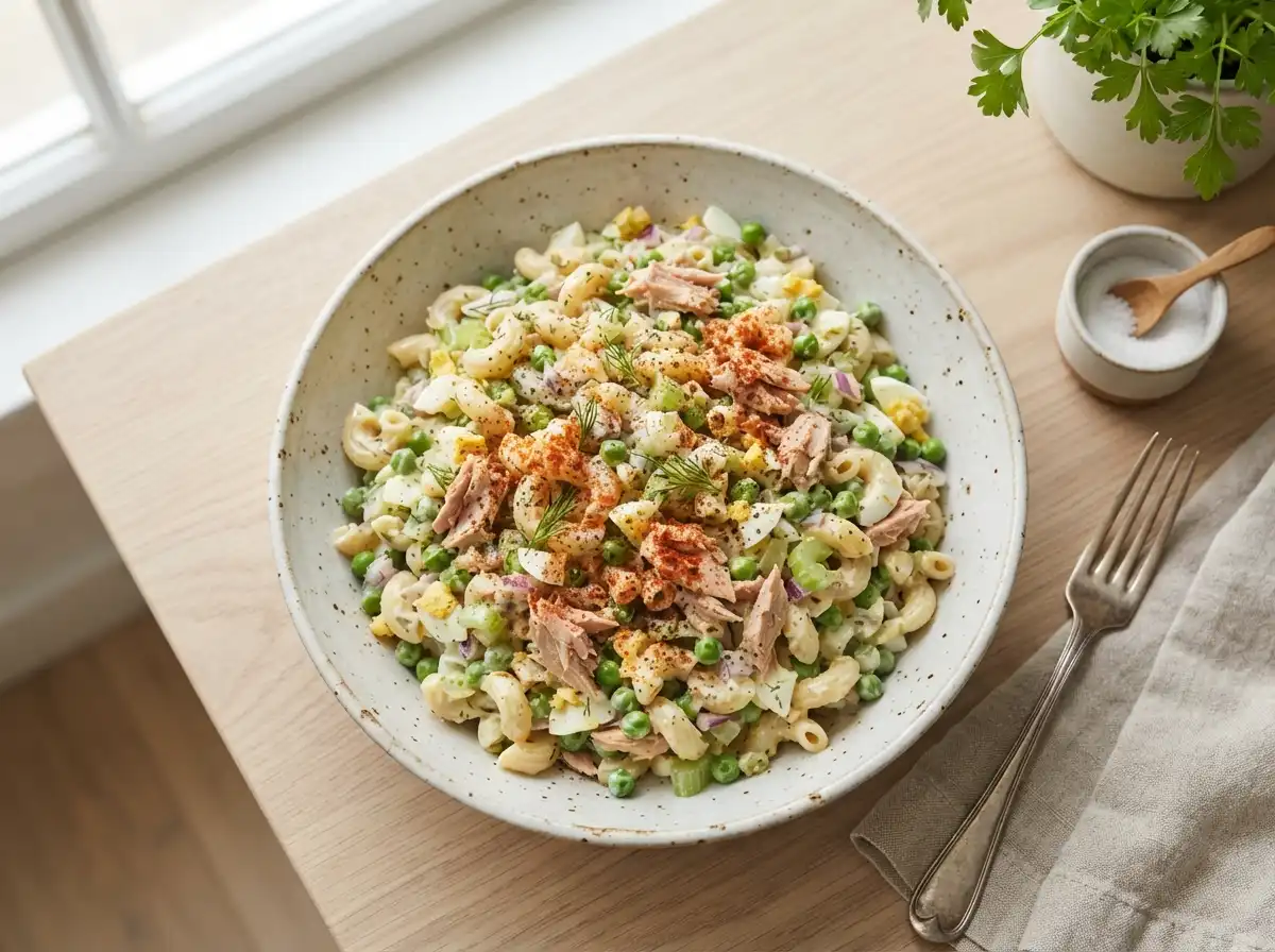 Classic tuna pasta salad with peas and hard-boiled egg