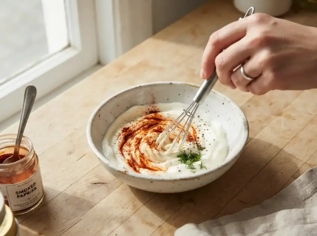 Whisking mayonnaise and yogurt dressing with paprika