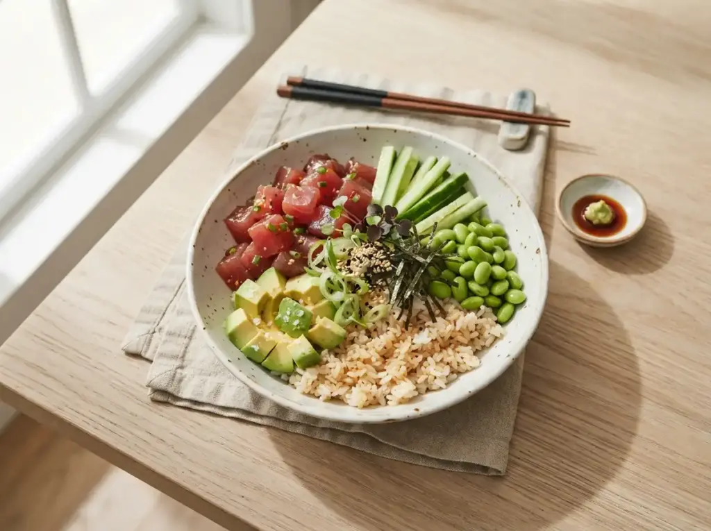 Poke-style tuna rice bowl, a high protein tuna meal idea