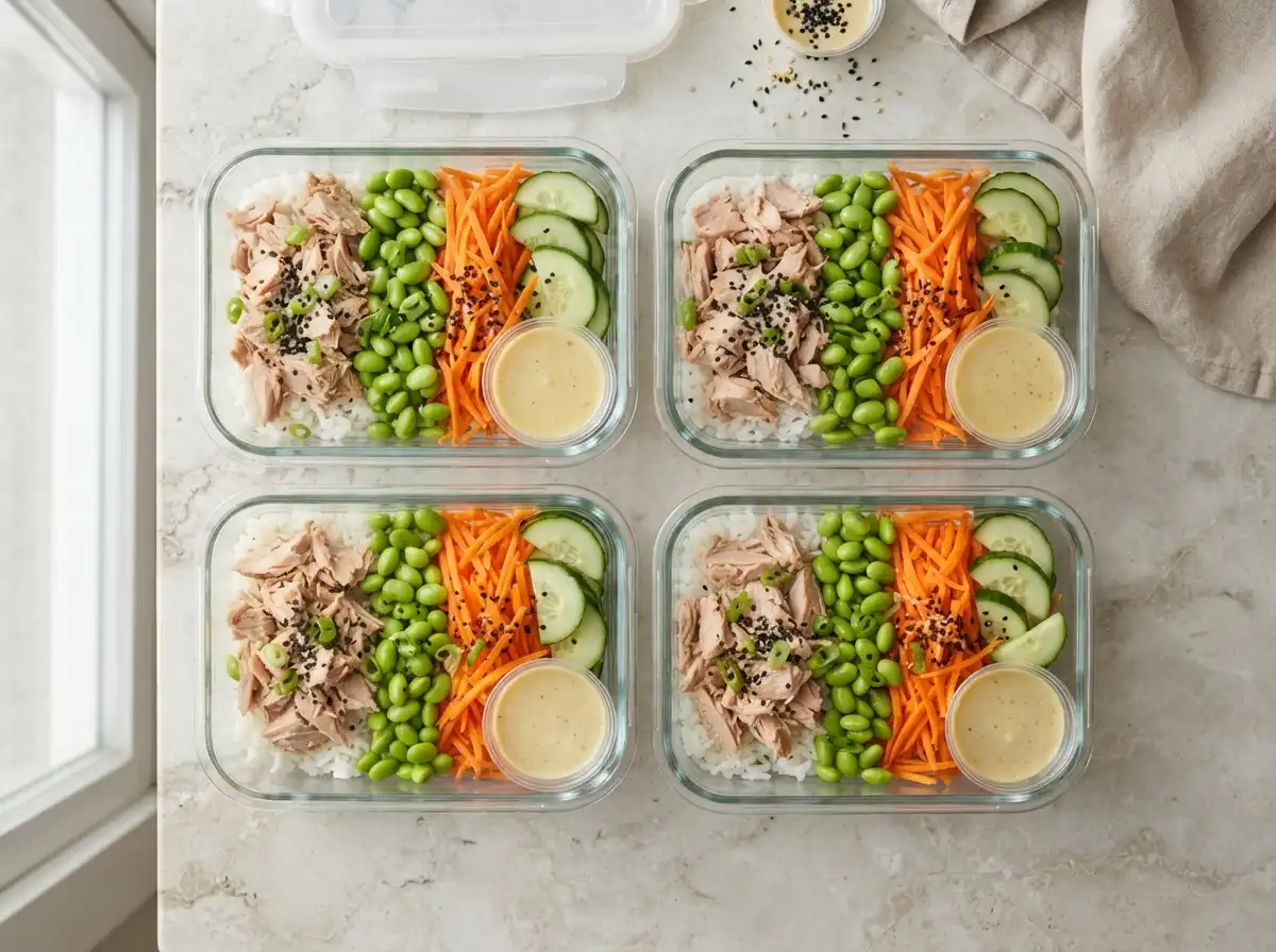 Tuna rice meal prep containers with dressing on the side