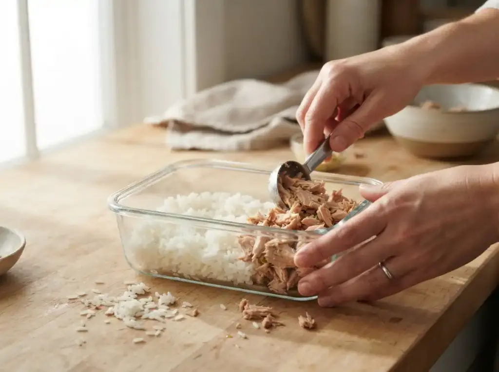 Layering a tuna rice meal prep container