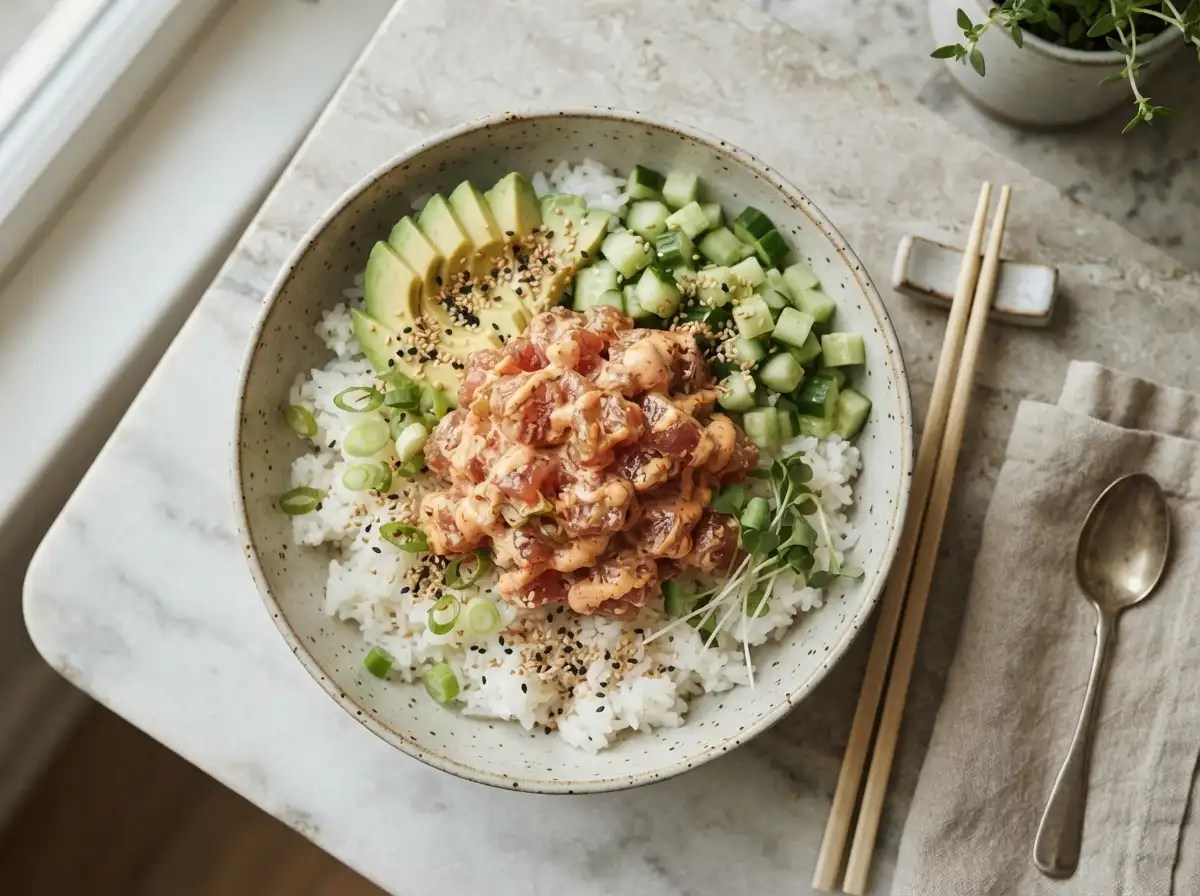 Spicy tuna rice bowl with avocado, cucumber and sesame seeds