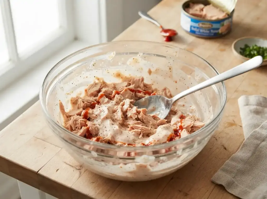 Mixing spicy tuna with yogurt and sriracha