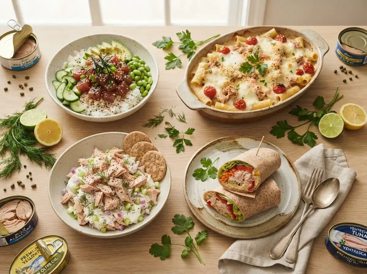 Full collection of healthy high protein tuna recipes across salads, bowls, wraps and meal prep
