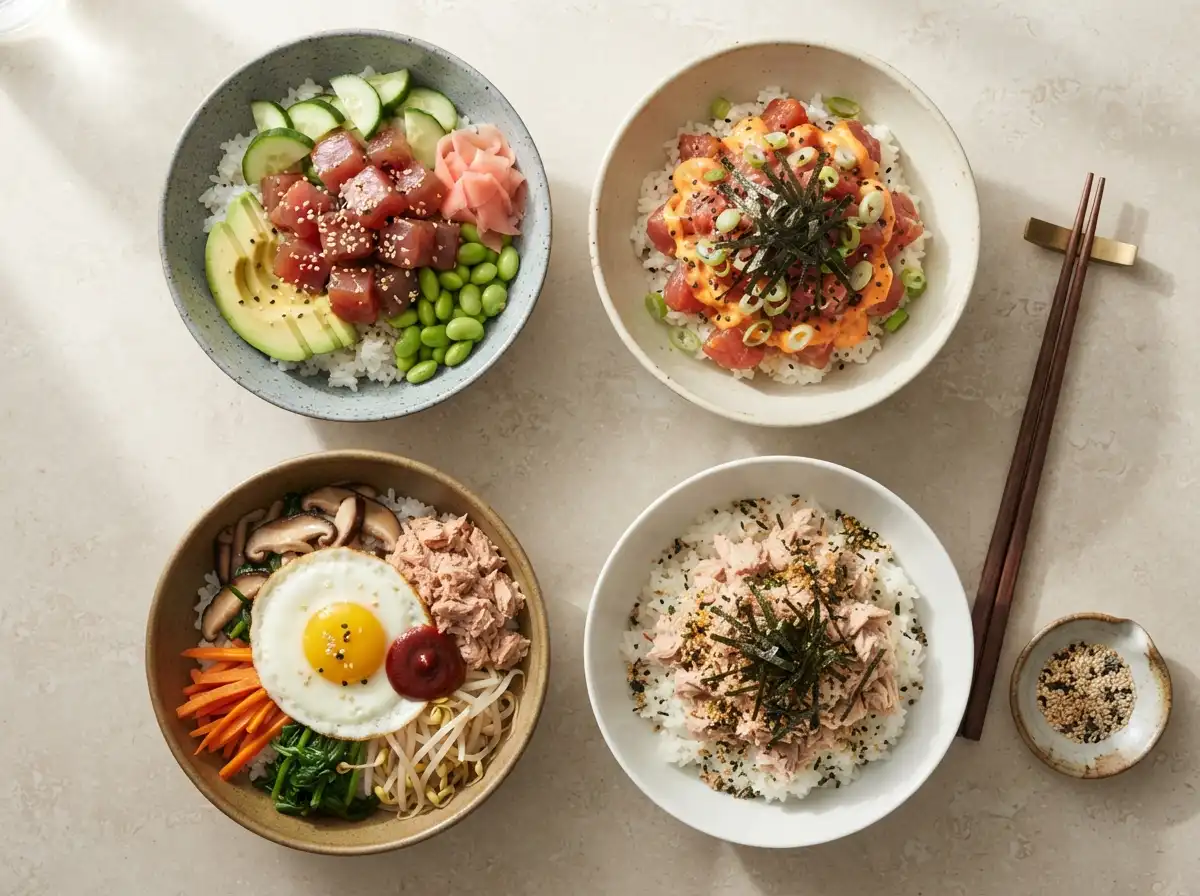 Collection of high protein tuna rice bowl recipes, fresh and canned tuna