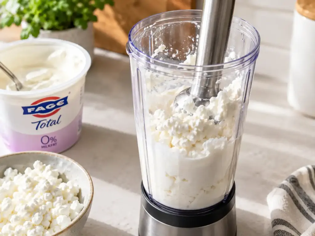 Blending Greek yogurt and cottage cheese for tuna salad