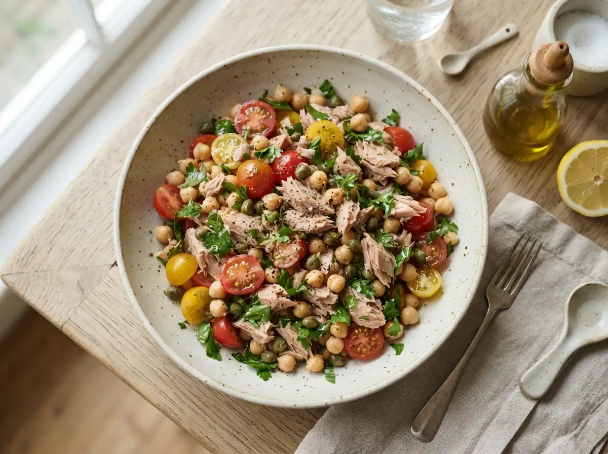 Mediterranean tuna salad without mayo, chickpeas and capers