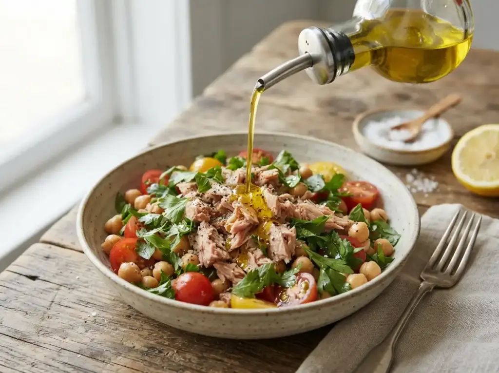 Dressing a Mediterranean tuna and chickpea salad