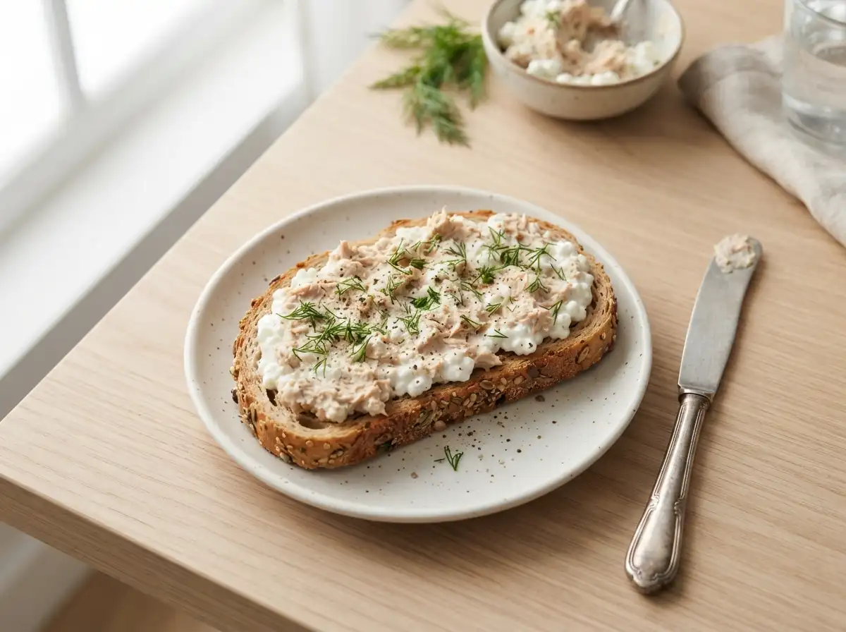 Tuna salad with cottage cheese spread on whole grain bread