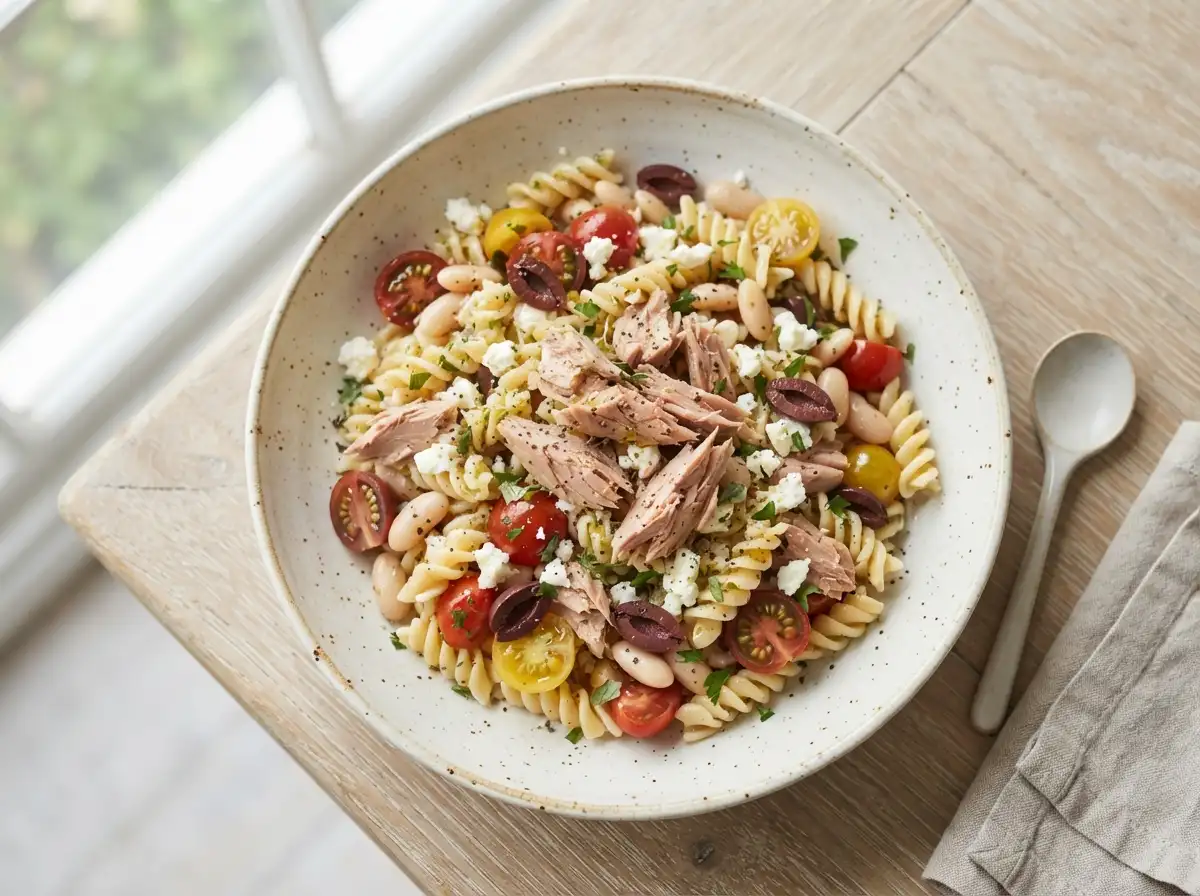 Mediterranean tuna pasta salad with feta, olives and white beans, no mayo