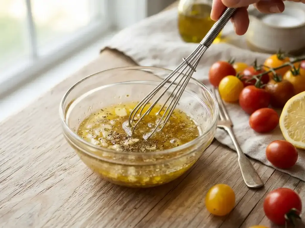 Whisking olive oil lemon dressing for tuna pasta salad