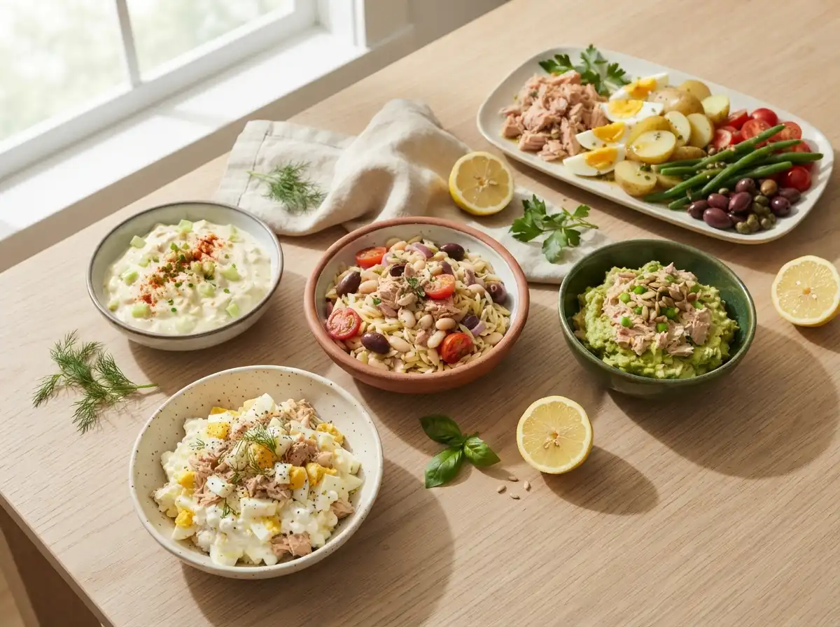 Collection of high protein tuna salad recipes, including no-mayo and Mediterranean options